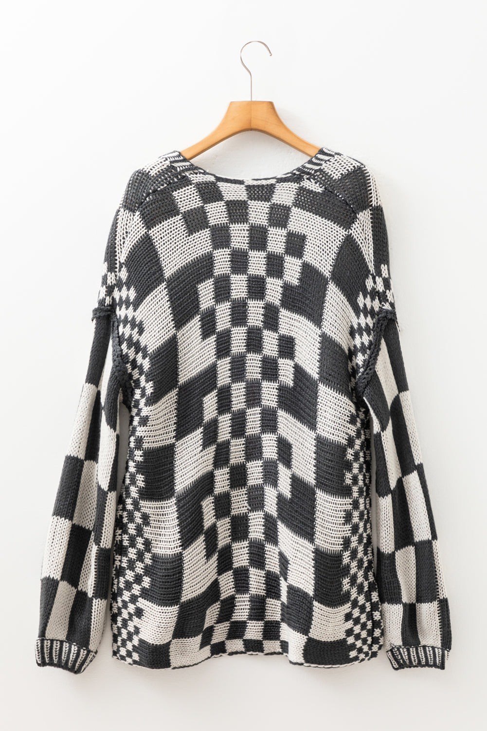 Colorblock Checked Open Front Knitted Cardigan
