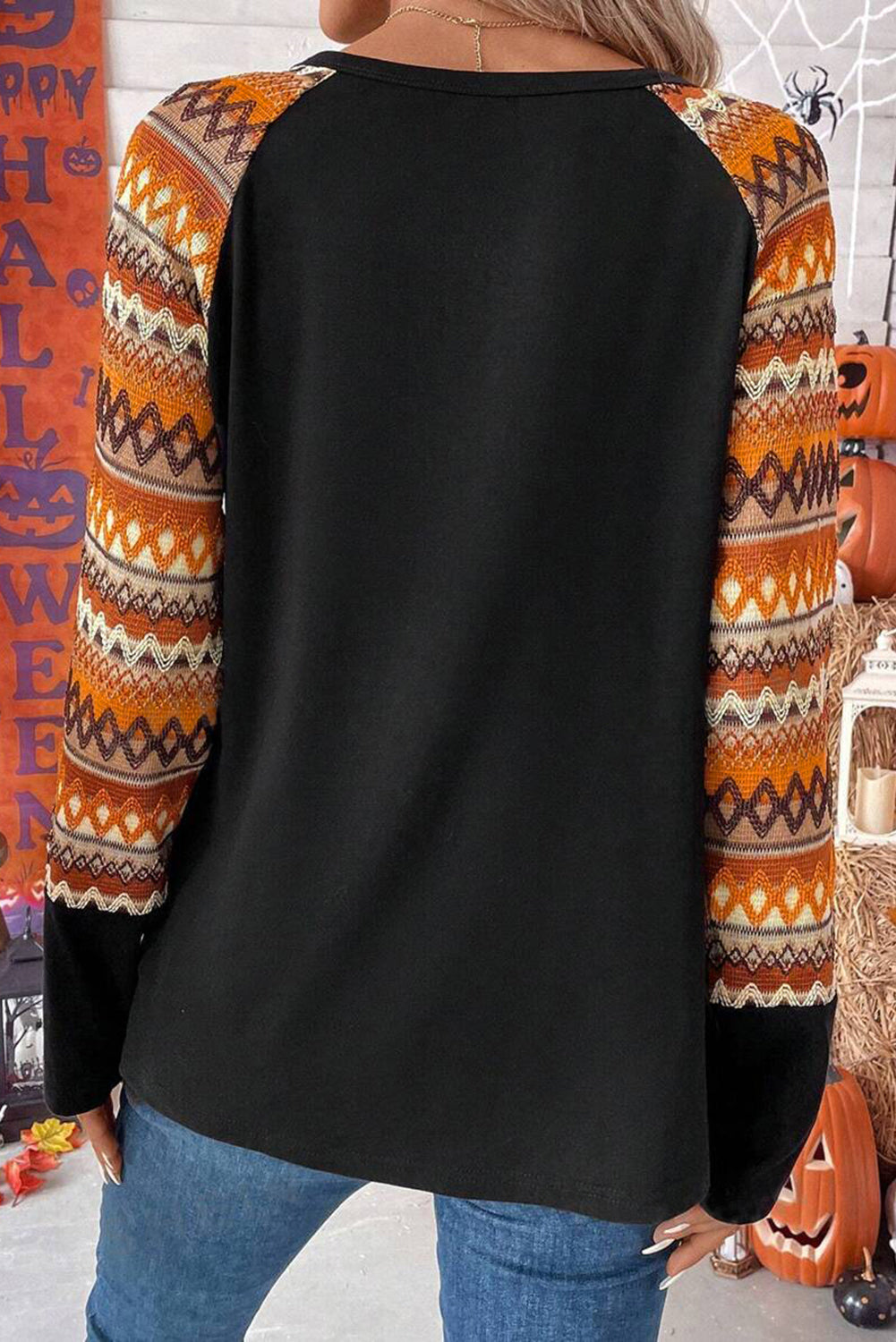 Orange Leopard Pumpkin Patched Contrast Long Sleeve Top