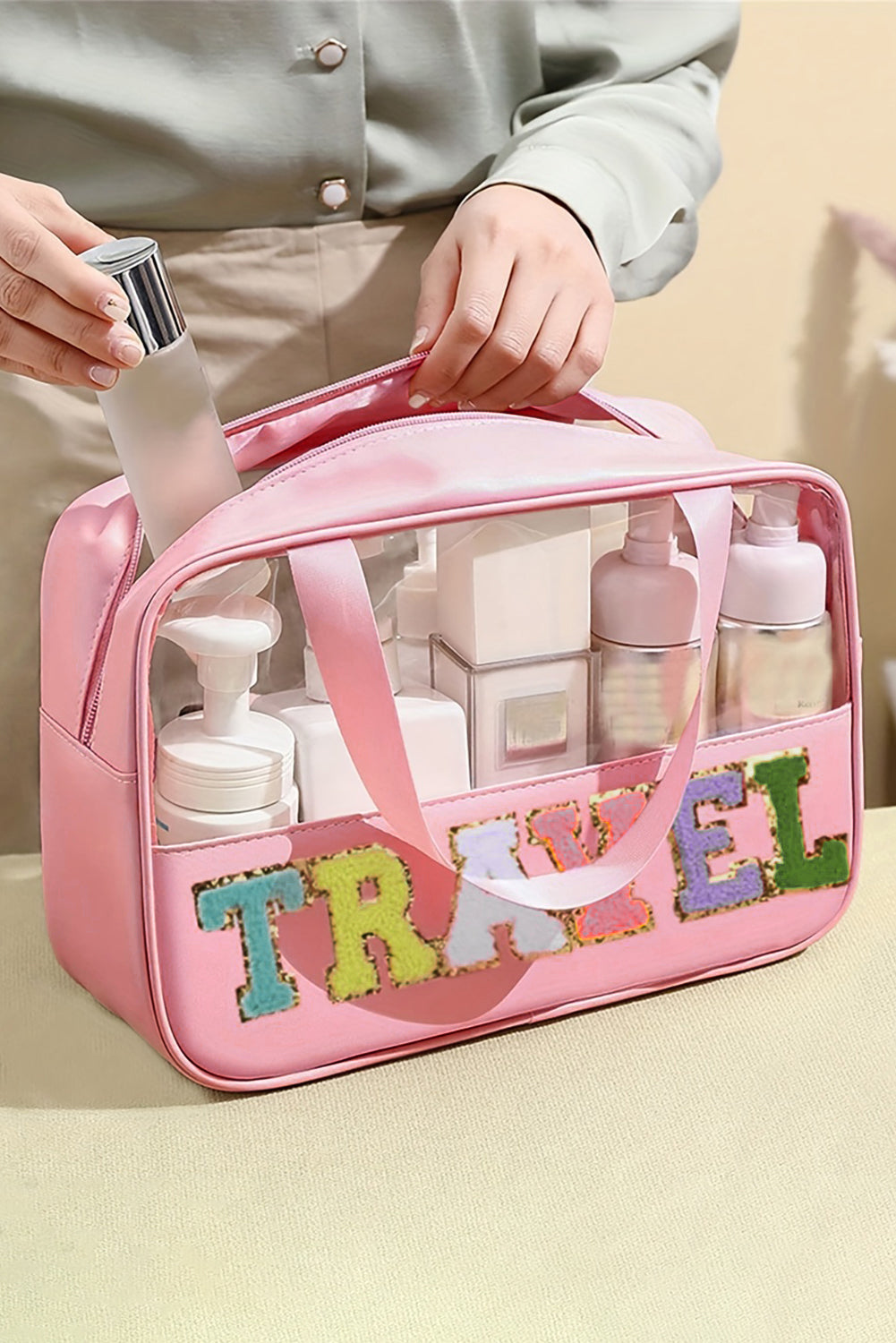 Purple TRAVEL Letter Clear PVC Makeup Bag