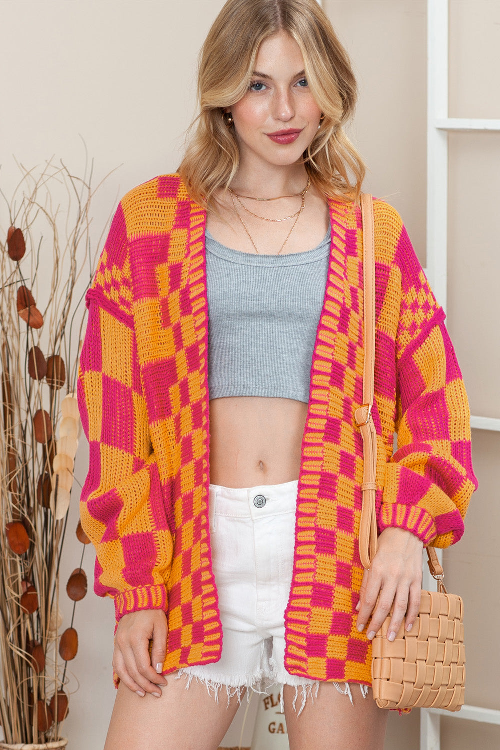 Colorblock Checked Open Front Knitted Cardigan