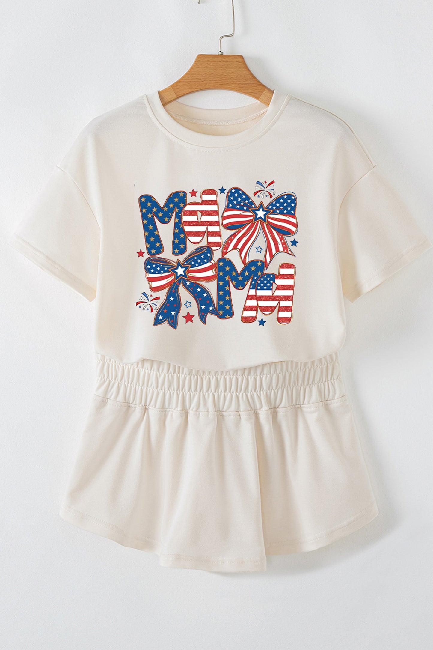 Beige Coquette Bow Patriotic MAMA Printed Crop Top Ruffle Skort 2 piece Set 4th of July