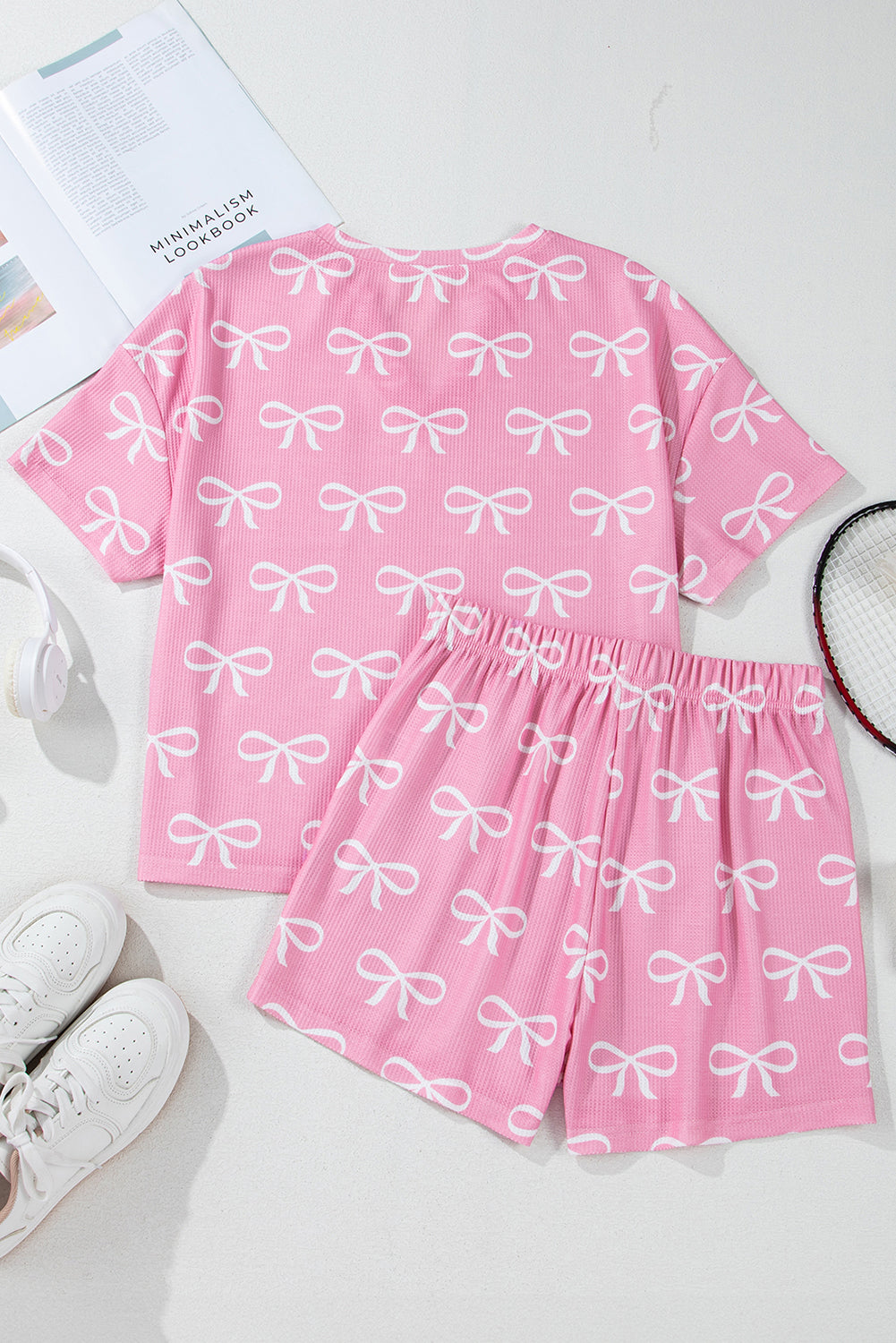 Pink Waffle Knit Bowknot Printed two piece V Neck T Shirt And Shorts Set