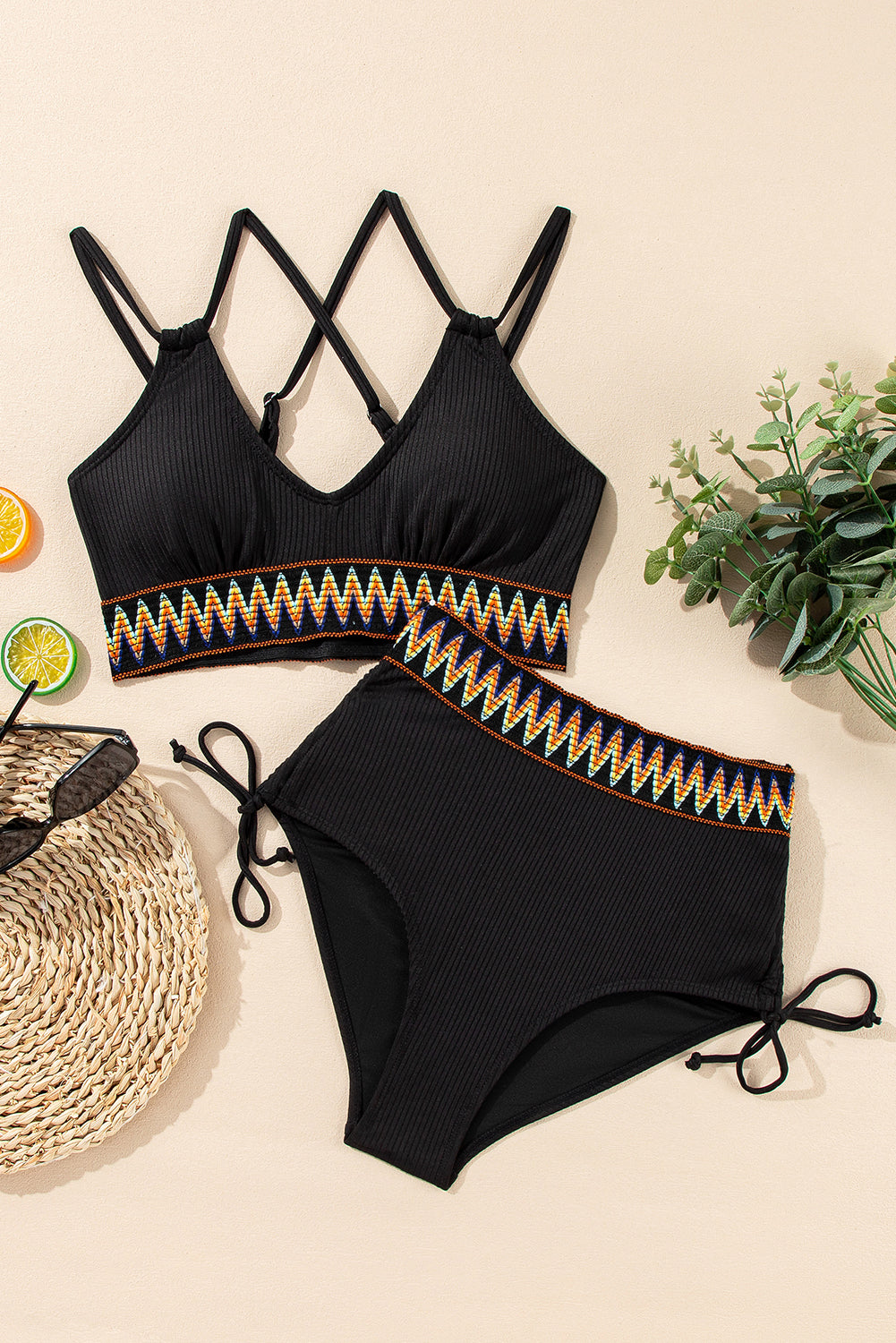 Black Ribbed Knit Tribal Contrast Detail 2pcs High Waist Swimsuit