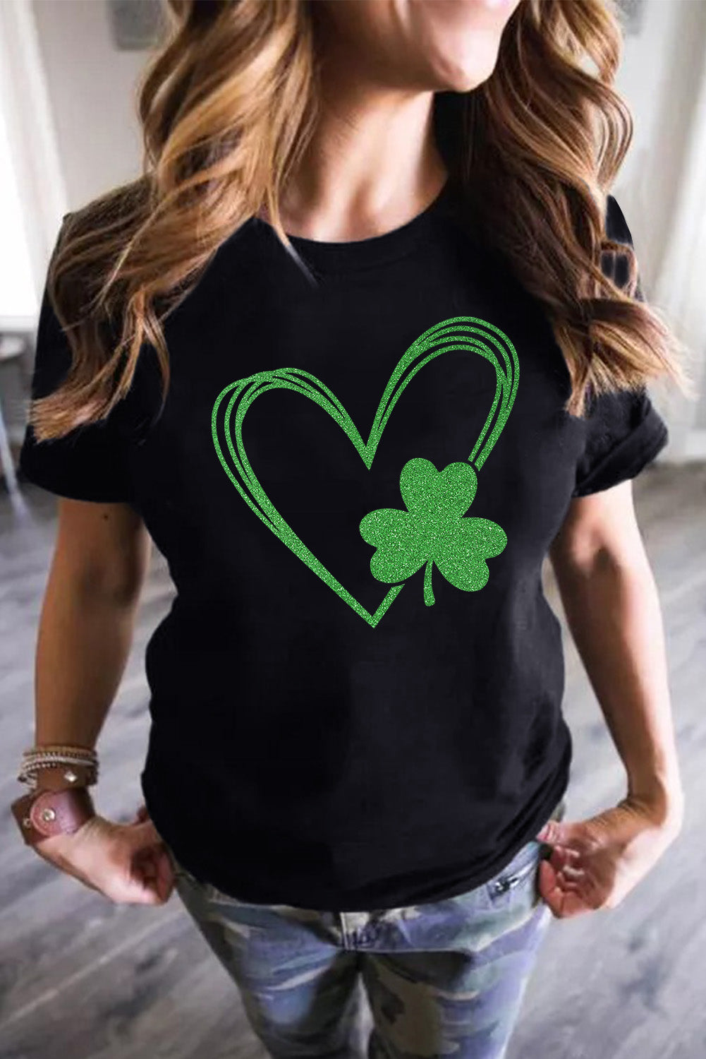 Black Glitter Clover Heart Print St Patricks Day Graphic Tee