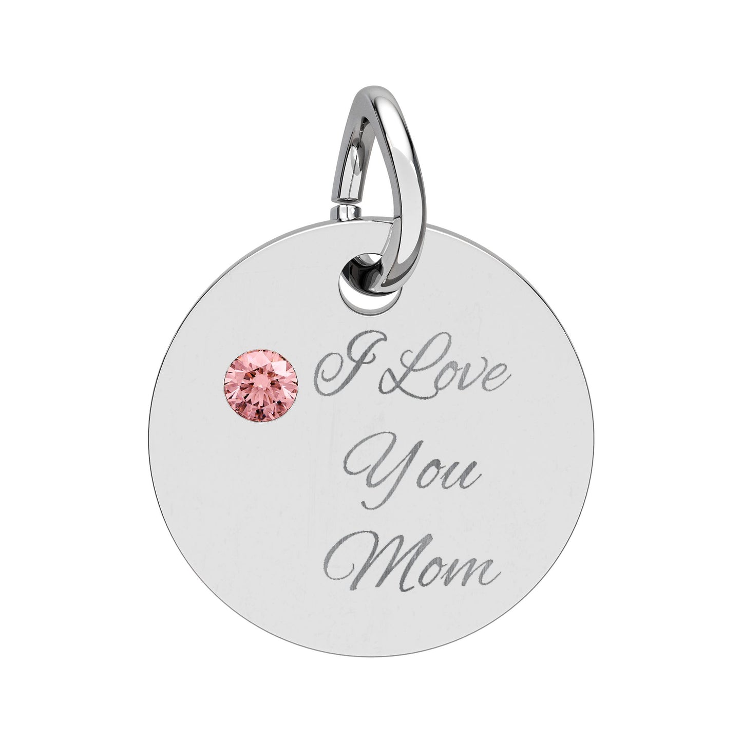 Birthstone Circle Charm Engraved I Love You Mom mothers day Silver Pendant