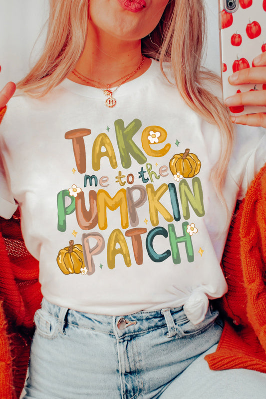 White Take Me To The Pumpkin Heat Transfer Printing Cotton Blend T Shirt