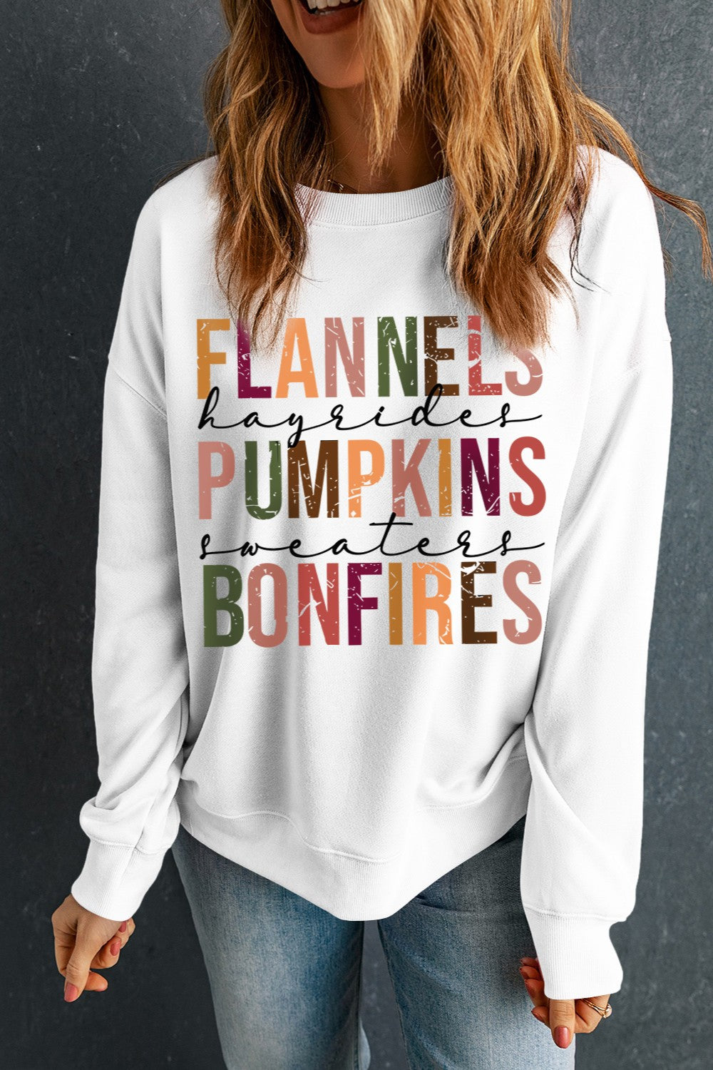 Letter Graphic Round Neck Long Sleeve Sweatshirt Flannels Pumpkins Bonfires Hayrides Fall