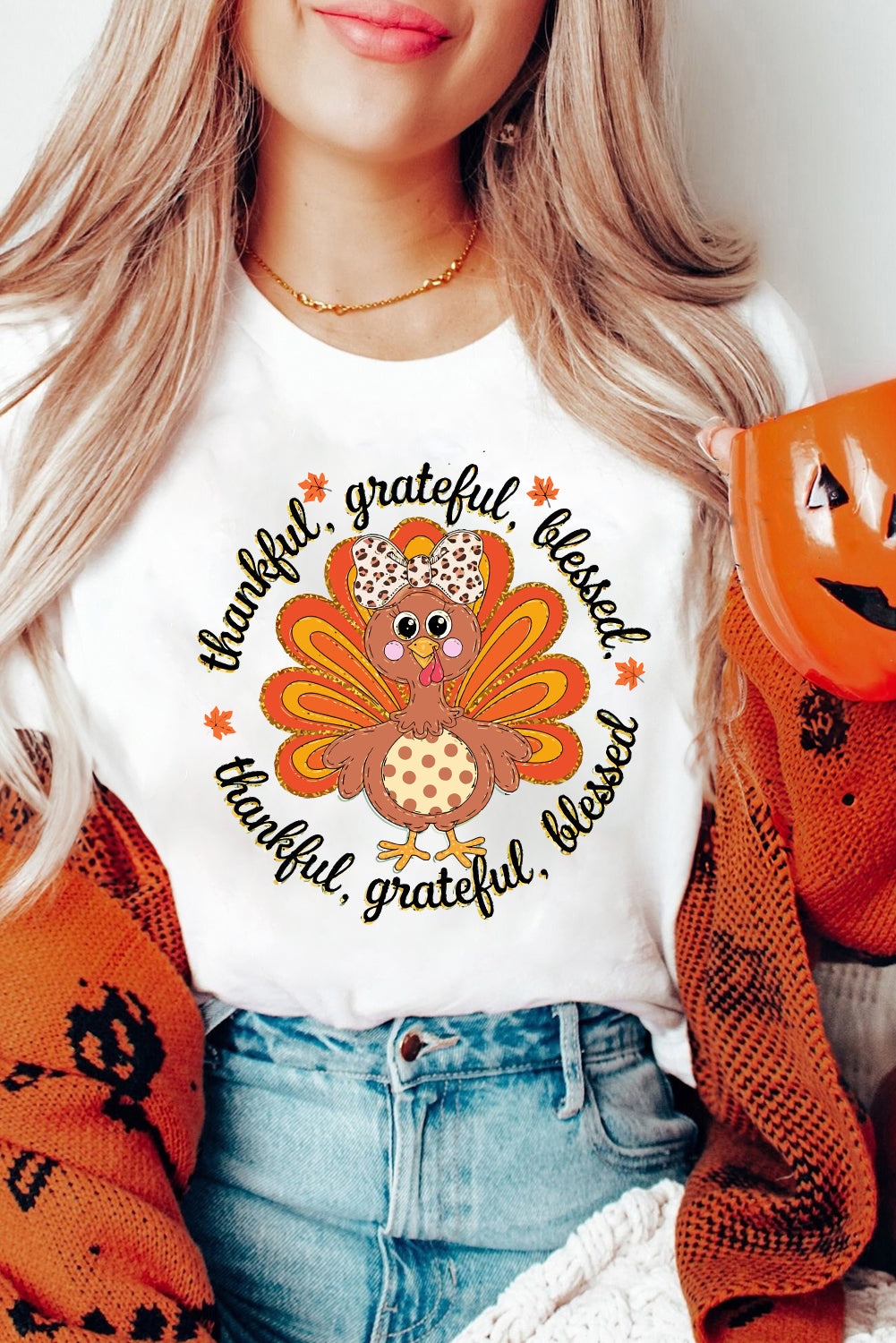 White Thanksgiving Cute Turkey thankful grateful blessed T Shirt