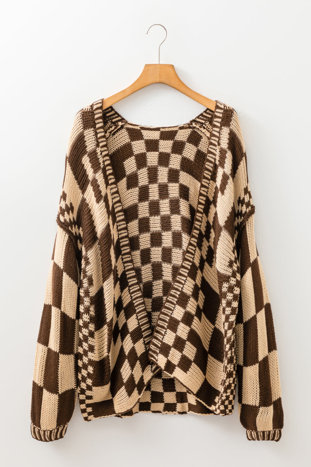 Colorblock Checked Open Front Knitted Cardigan