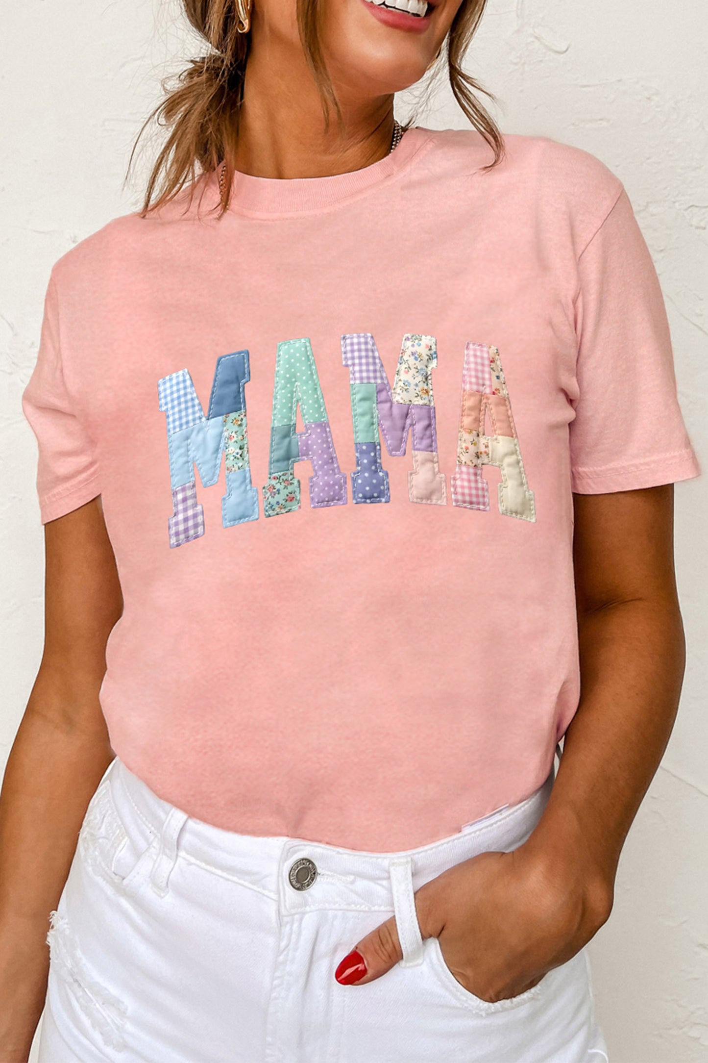 Pink Faux Patchwork Print Floral MAMA Lettering T Shirt Mother’s Day