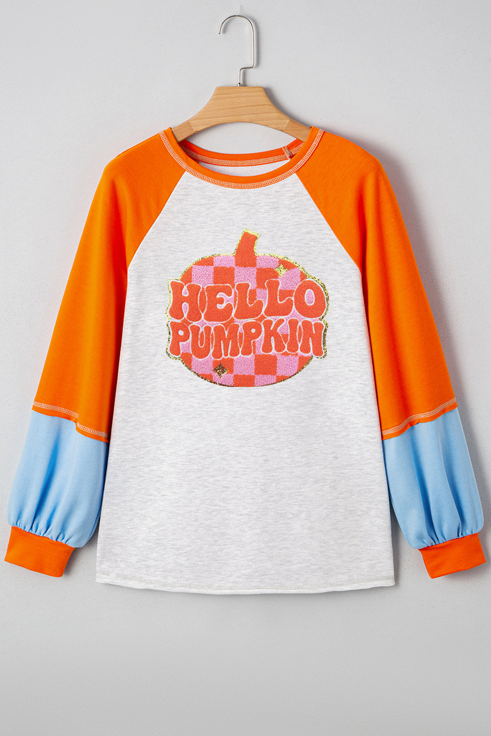 Light Grey HELLO PUMPKIN Patched Graphic Colorblock Raglan Sleeve Top