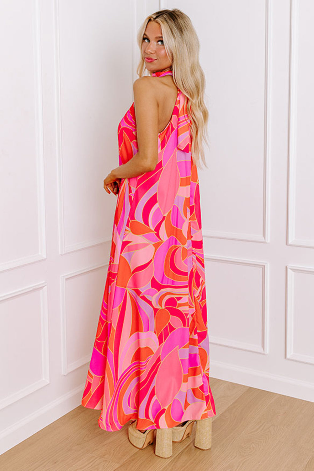 Rose Floral Printed High Neck Knotted Sleeveless Maxi Dress