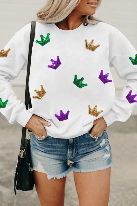 White Crown Graphic Drop Shoulder Sweatshirt