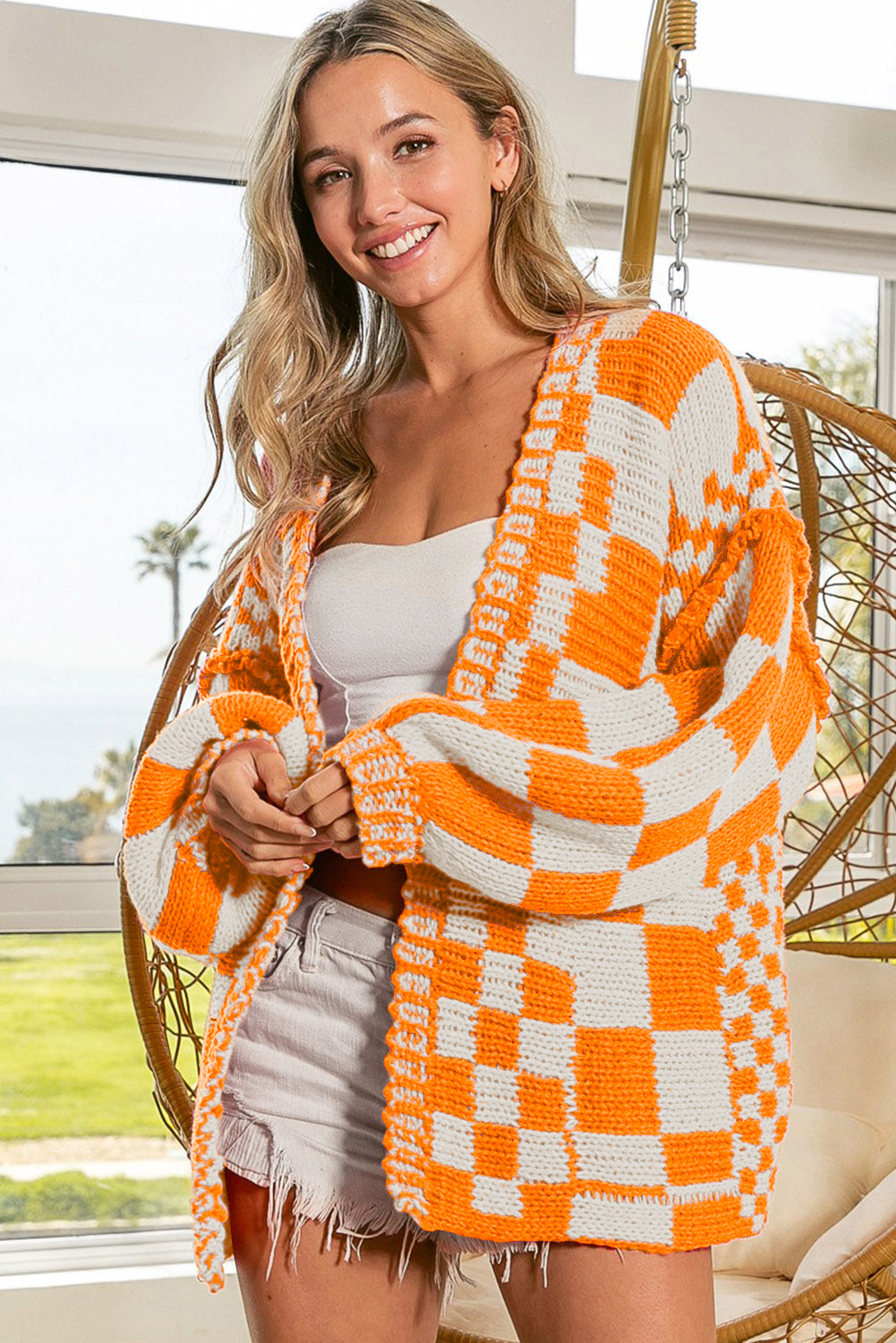 Colorblock Checked Open Front Knitted Cardigan