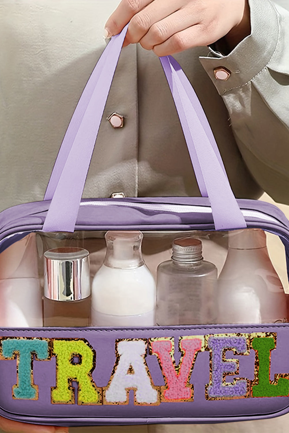 Purple TRAVEL Letter Clear PVC Makeup Bag