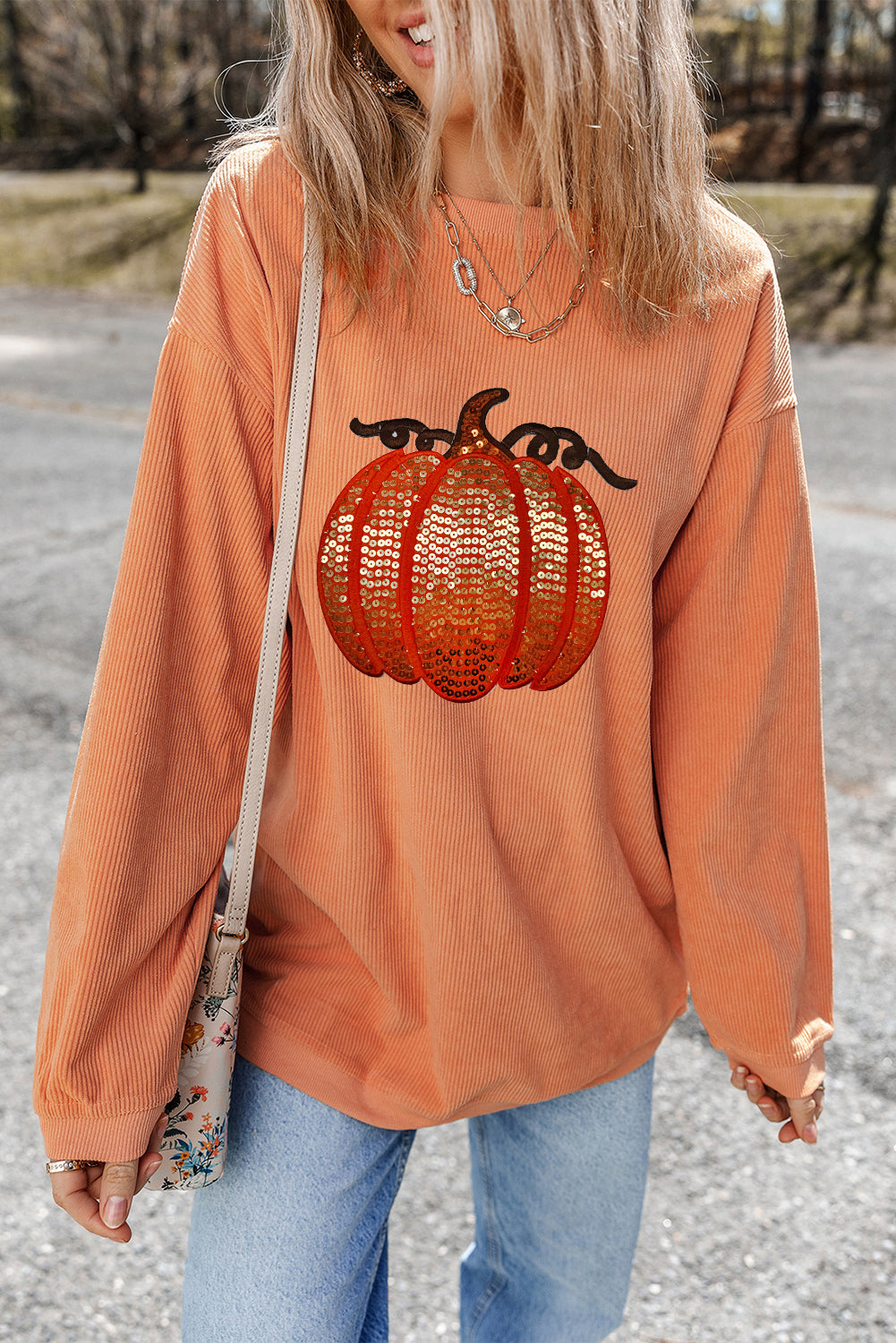 Orange Crinkle Ribbed Thanksgiving Sequin Pumpkin Graphic Sweatshirt