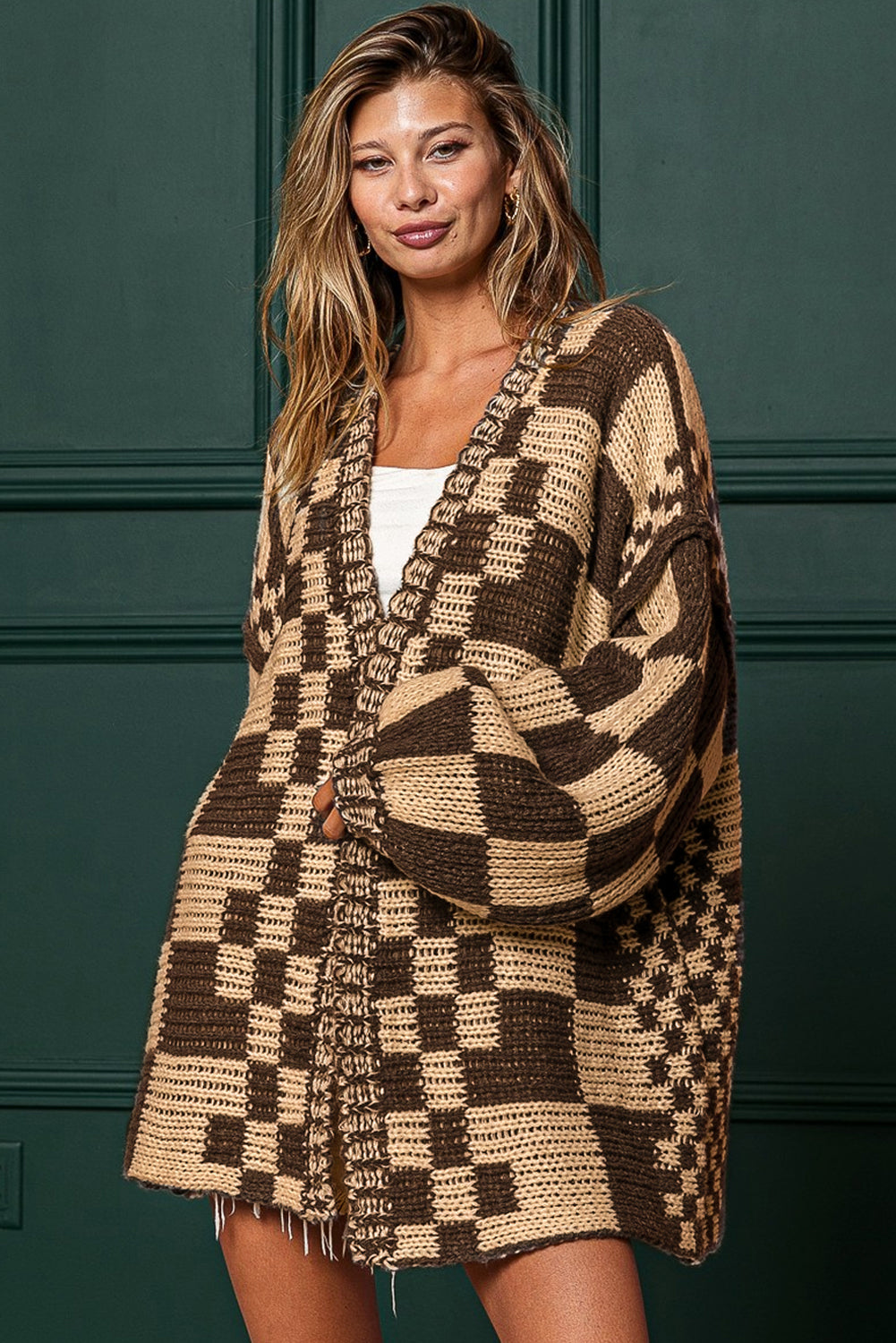 Colorblock Checked Open Front Knitted Cardigan