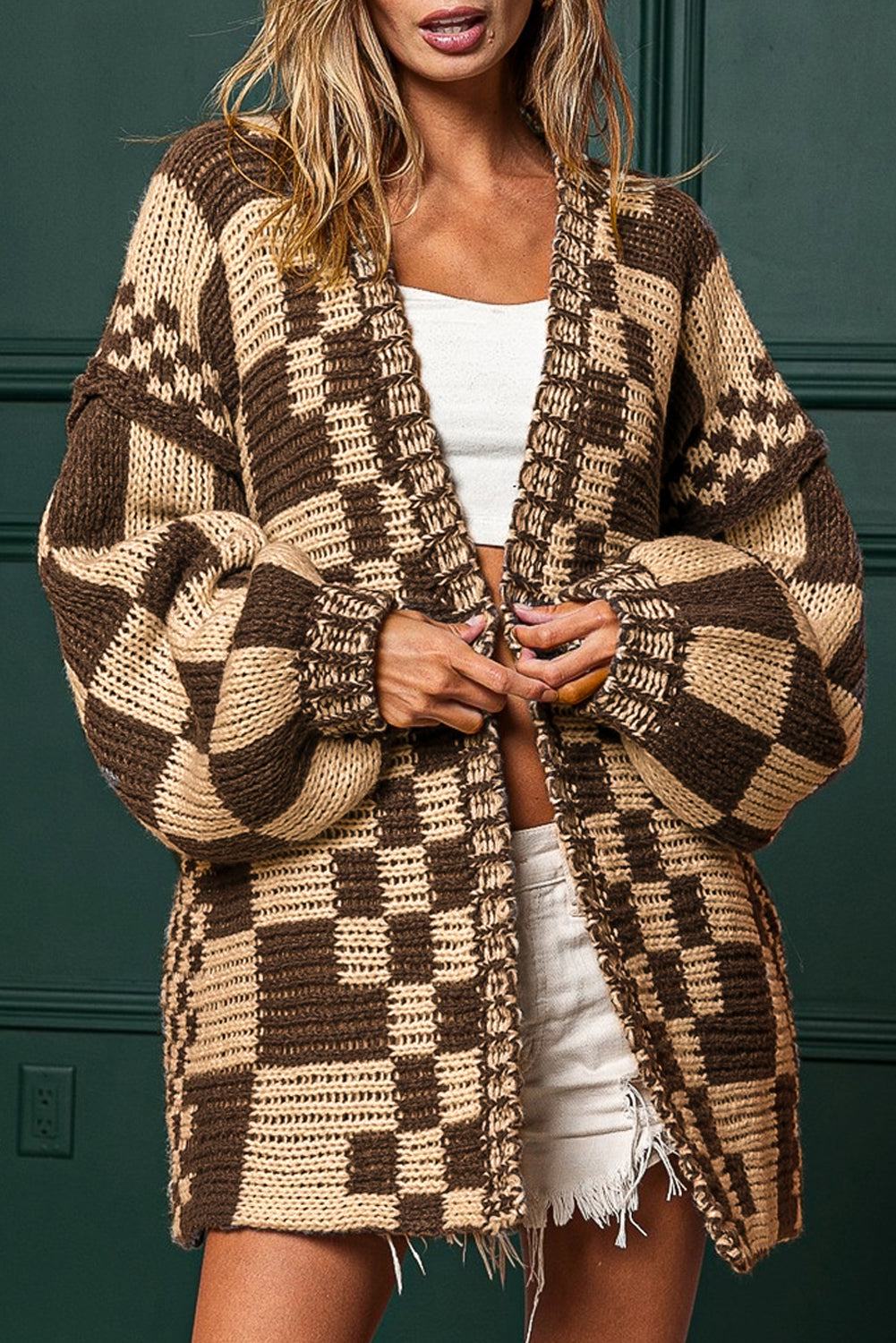 Colorblock Checked Open Front Knitted Cardigan