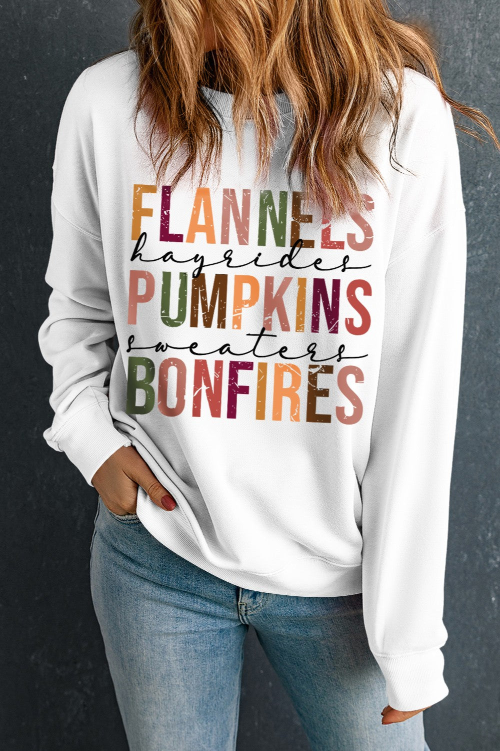 Letter Graphic Round Neck Long Sleeve Sweatshirt Flannels Pumpkins Bonfires Hayrides Fall