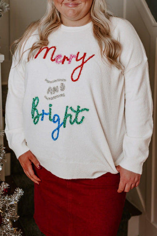 White Tinsel Merry AND Bright Plus Size Christmas Sweater