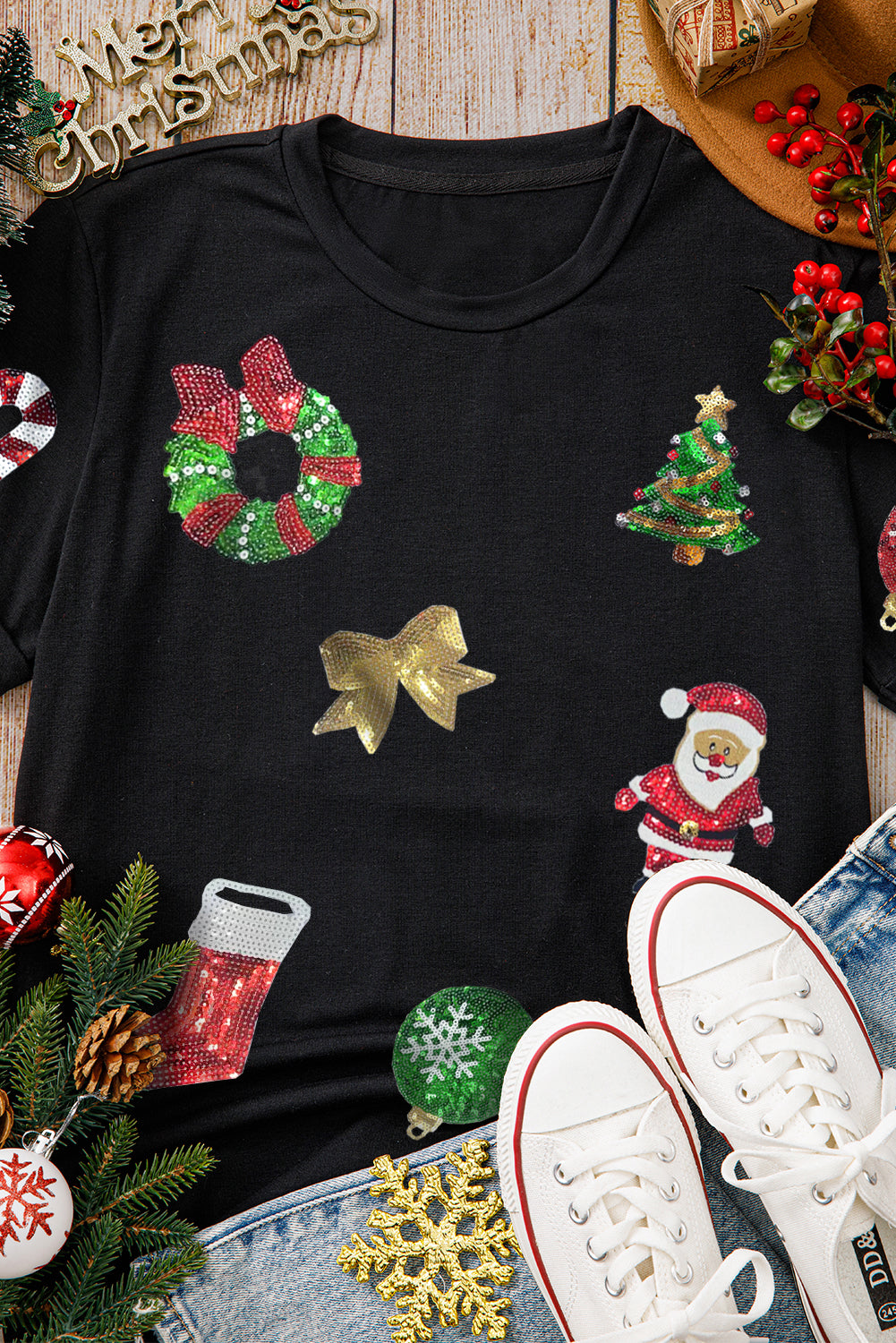 Black Sequin Christmas Graphic Patch Application Crewneck T Shirt