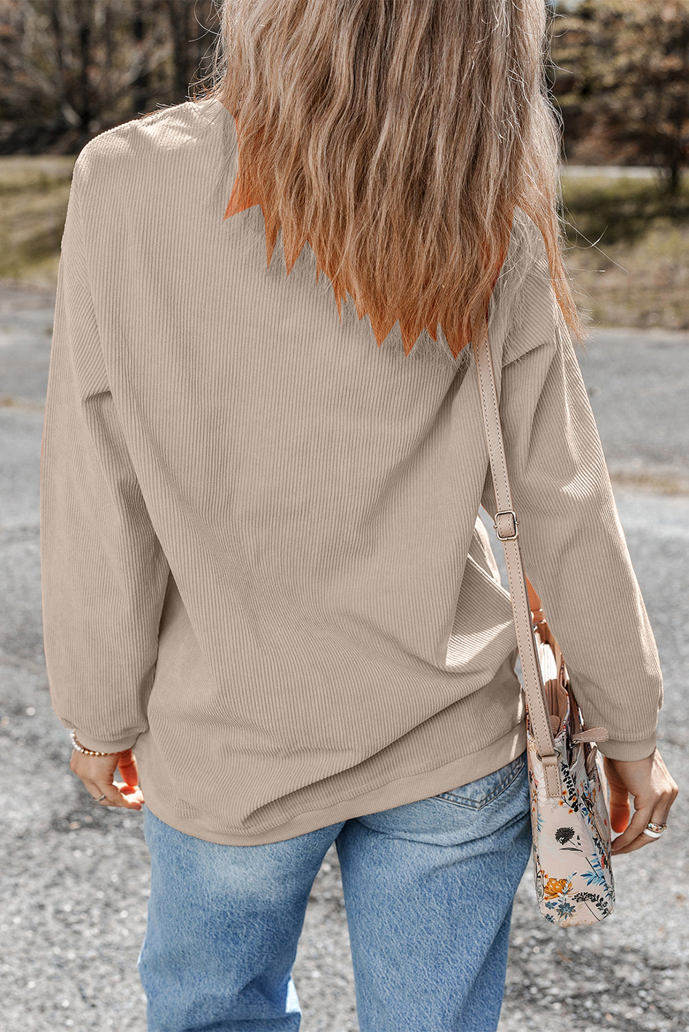 Smoke Gray Letter Print Corduroy Baggy Sweatshirt