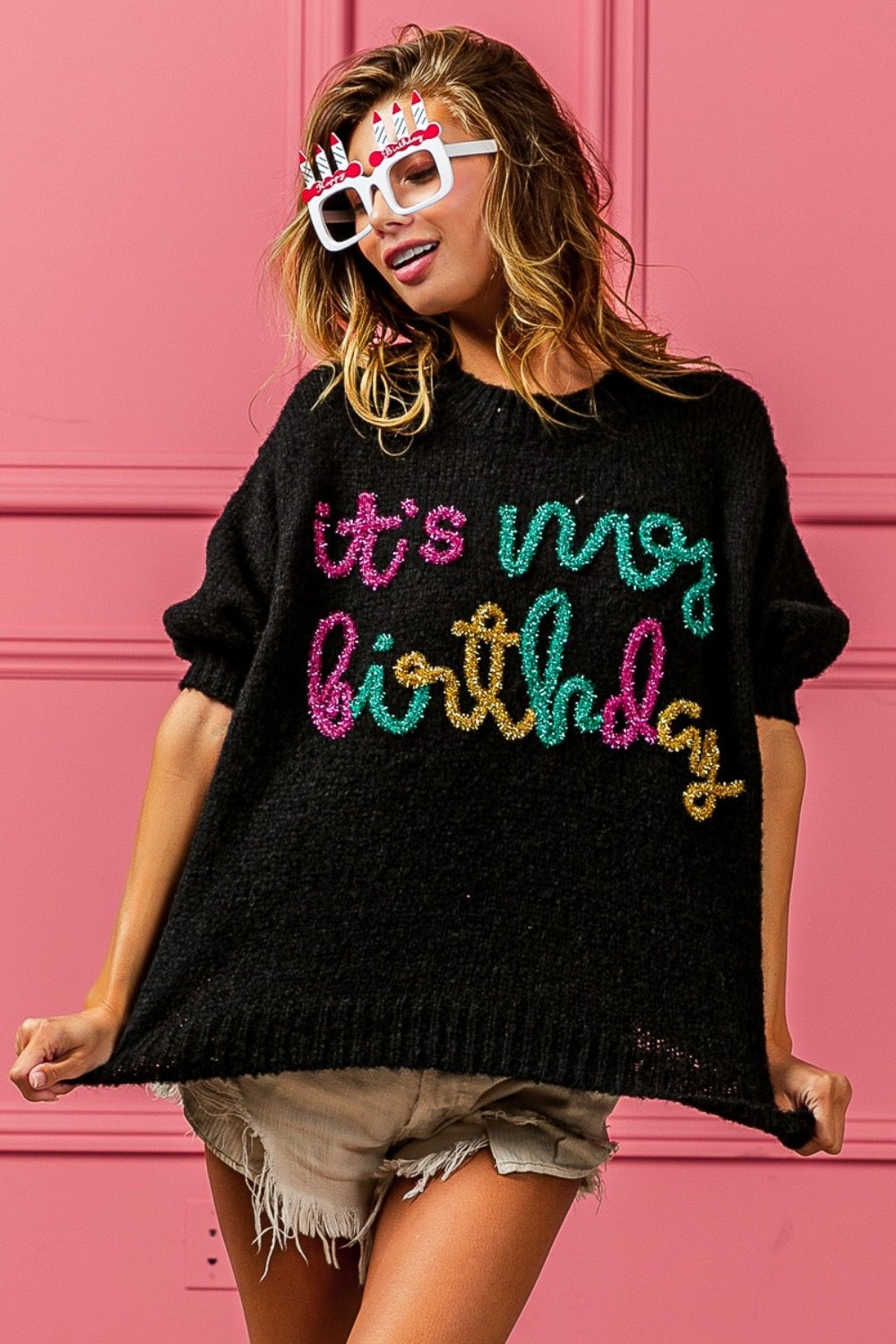 BiBi Metallic Letter Puff Sleeve Hairy Sweater It's My Birthday