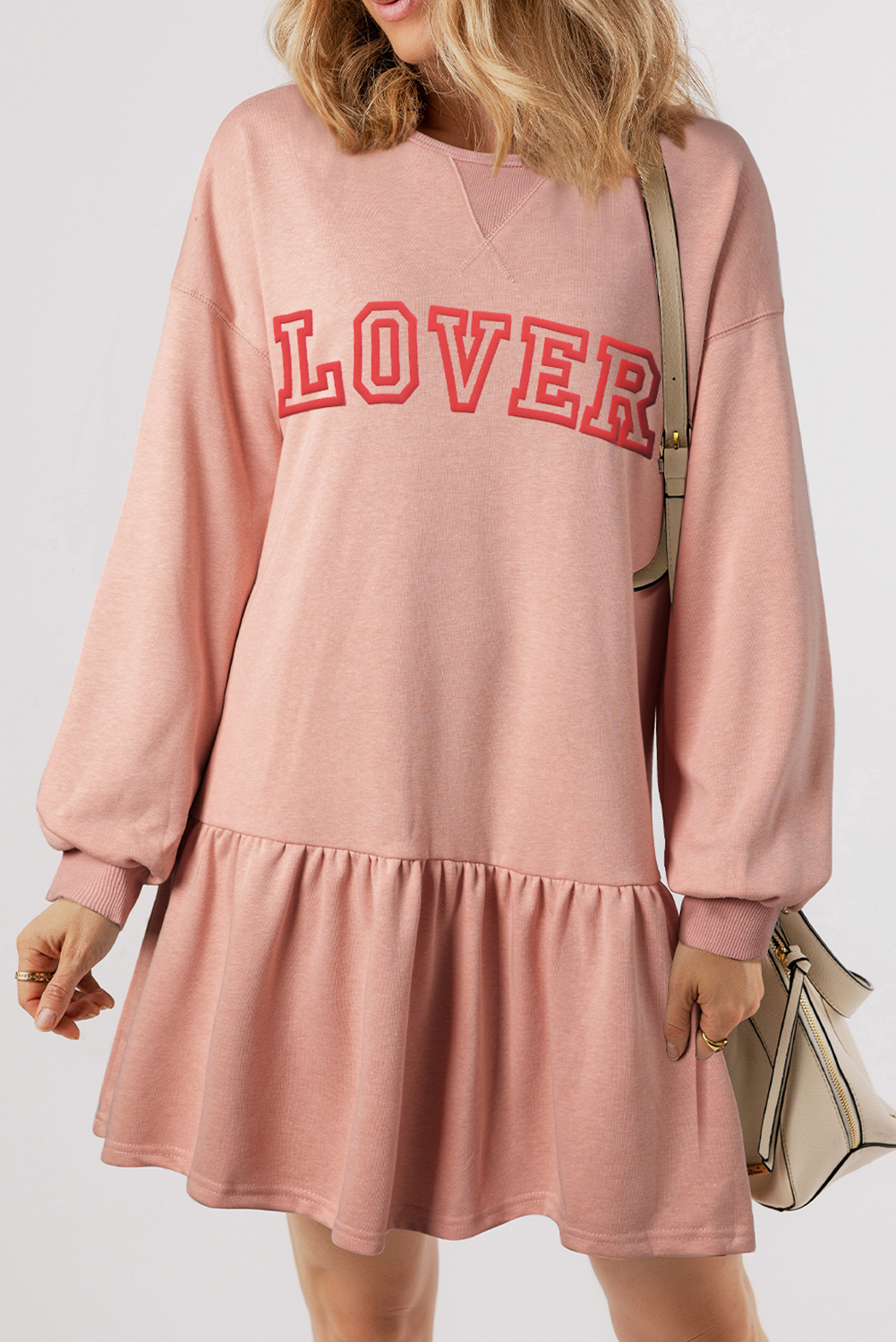 Dusty Pink LOVER Letter Long Sleeve Ruffle Hem Dress