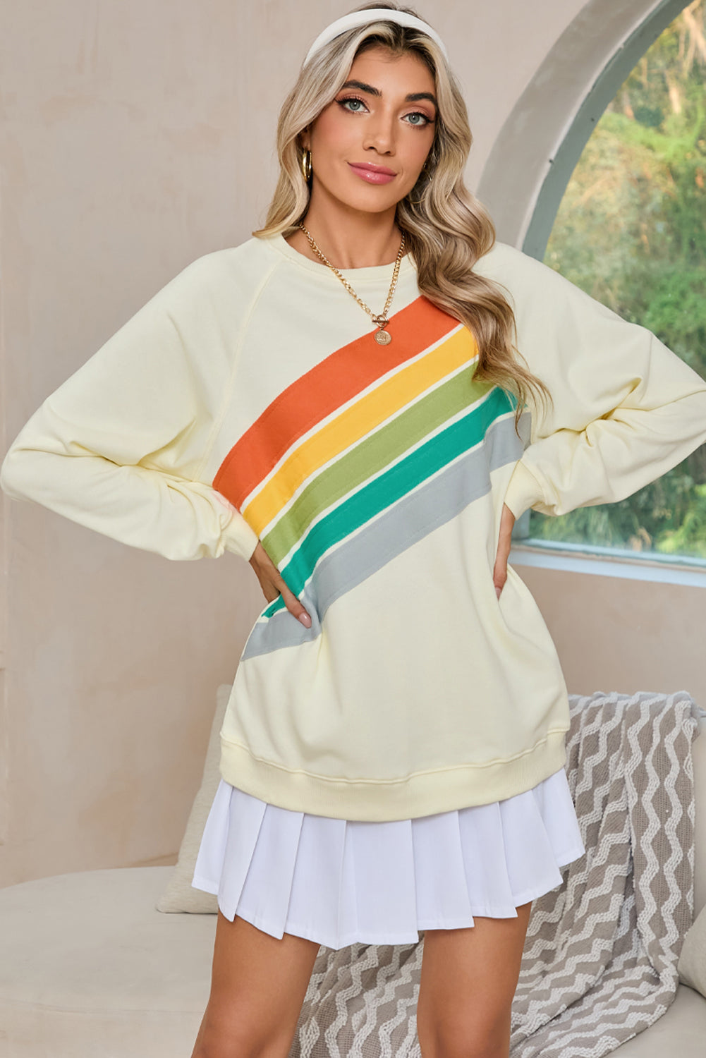 Apricot Rainbow Colorblock Pullover Sweatshirt