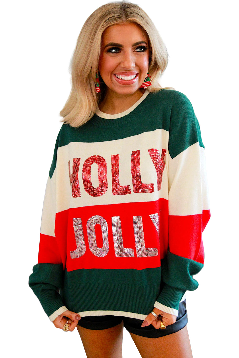 Green HOLLY JOLLY Sequined Colorblock Crew Neck Sweater Christmas
