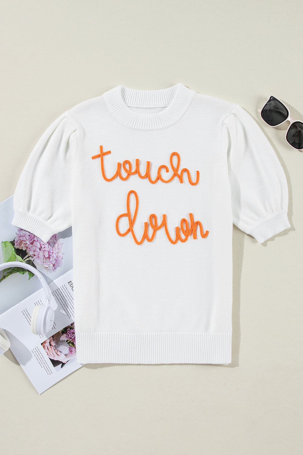 White Touchdown Tinsel Puff Short Sleeve Sweater football