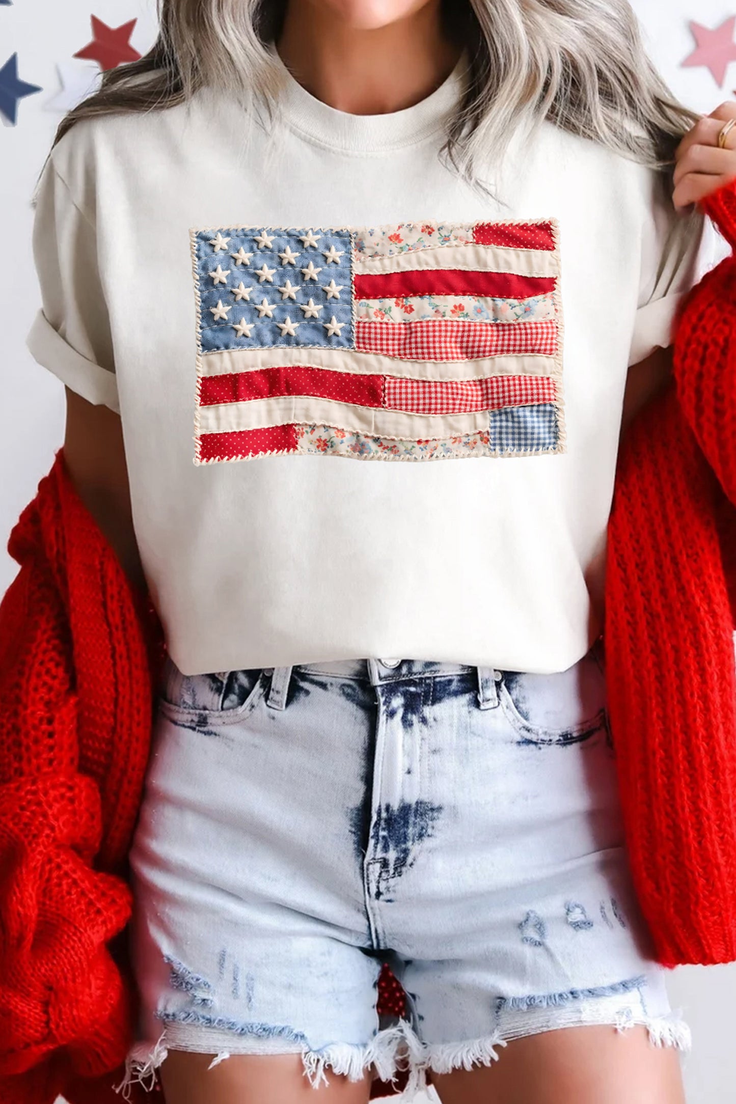White Faux Patchwork Printed US Flag Casual Tee 4th of July