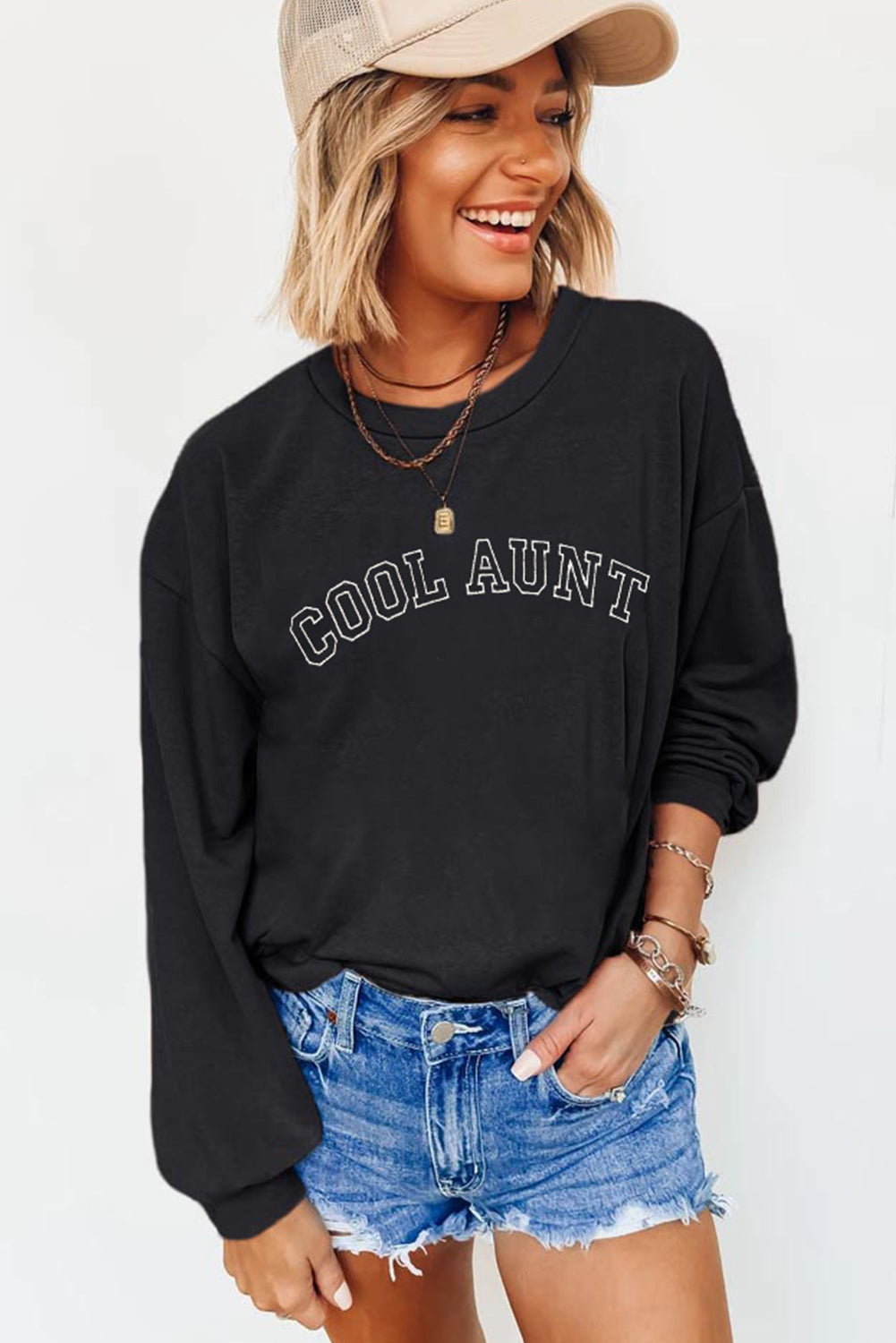Black COOL AUNT Embroidered Letter Graphic Sweatshirt