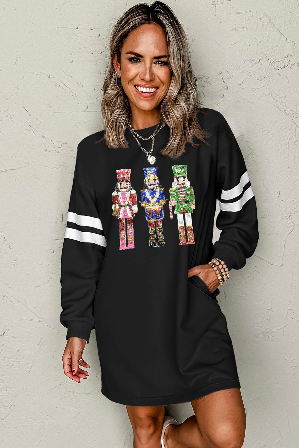 Black Christmas Nutcracker Sequins Patch Varsity Striped Sleeve Sweatshirt Dress