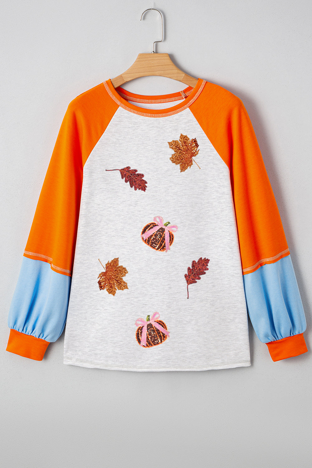 Light Grey Sequin Pumpkin Fall Elements Patched Patchwork Long Sleeve Top