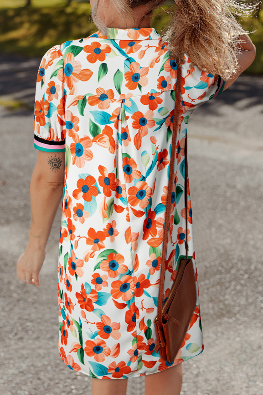 Orange Pop of Color Split Neck Puff Sleeve Floral Mini Dress