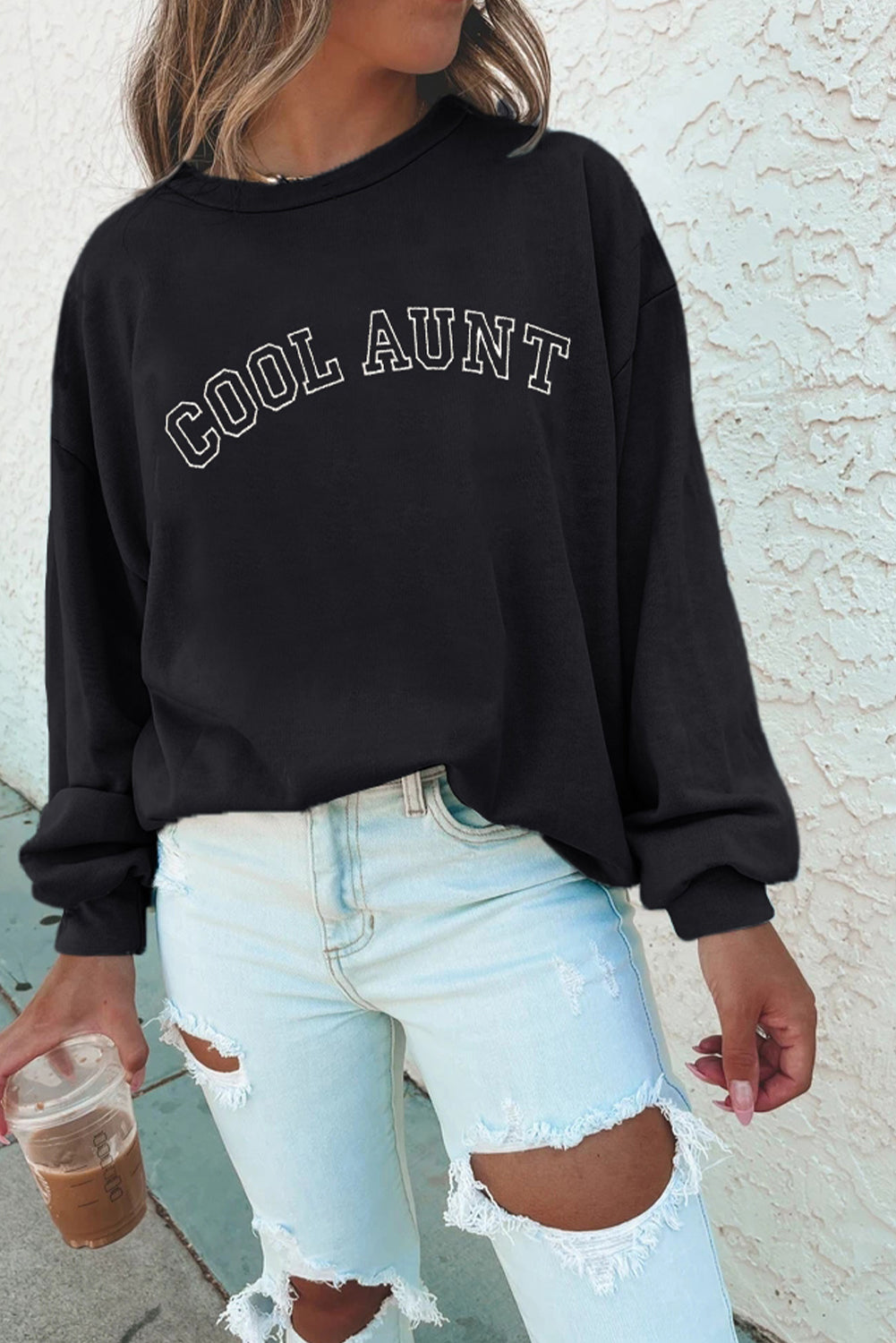 Black COOL AUNT Embroidered Letter Graphic Sweatshirt