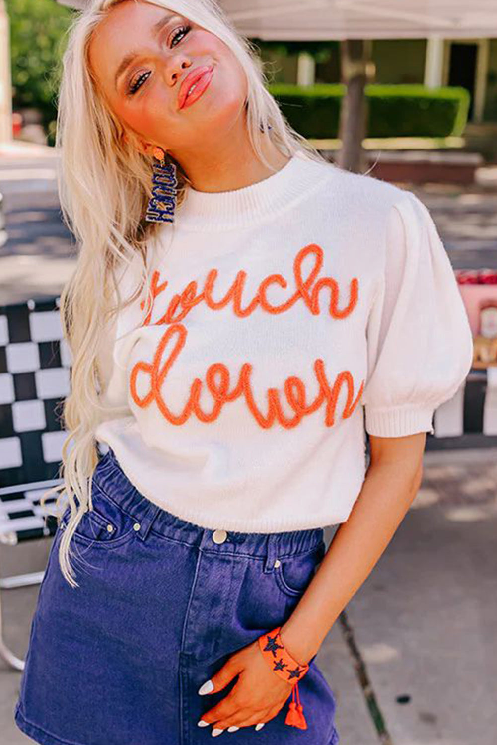 White Touchdown Tinsel Puff Short Sleeve Sweater football