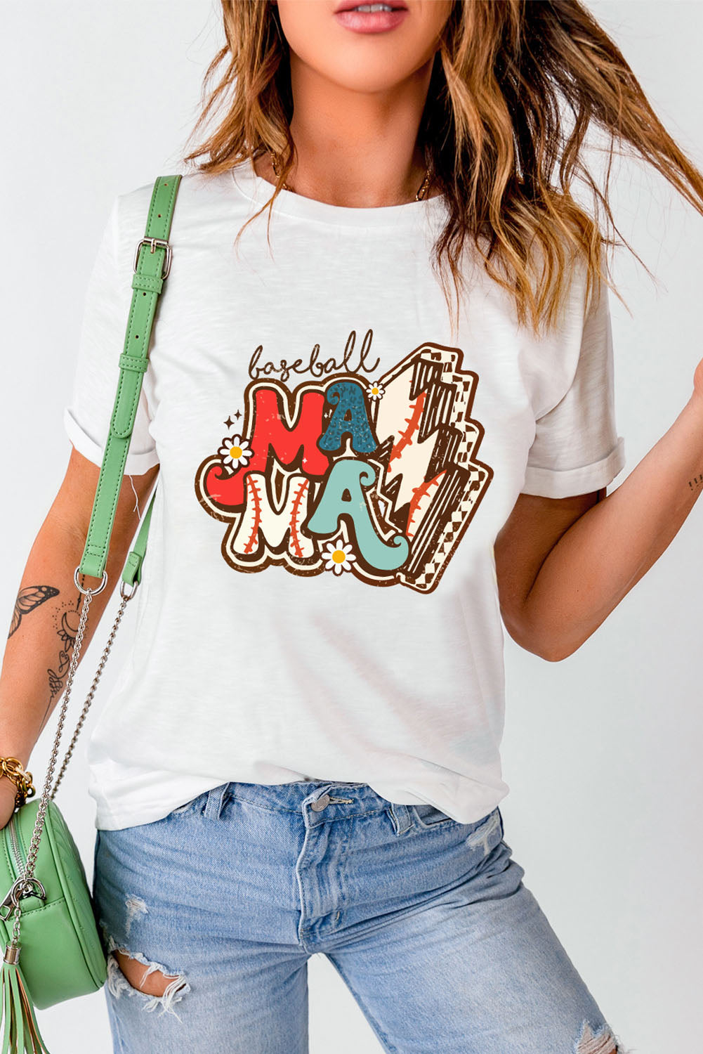 White MAMA Baseball Lightning Graphic Round Neck Tee