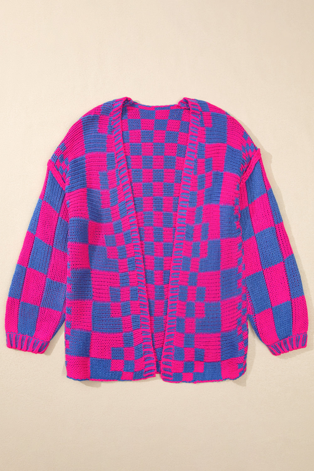 Colorblock Checked Open Front Knitted Cardigan