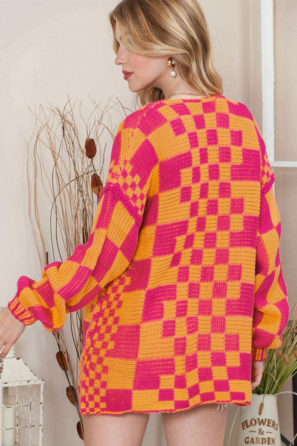 Colorblock Checked Open Front Knitted Cardigan