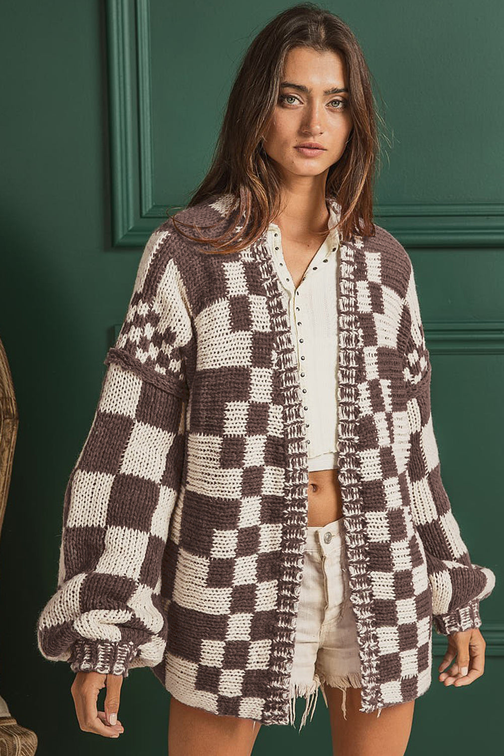 Colorblock Checked Open Front Knitted Cardigan