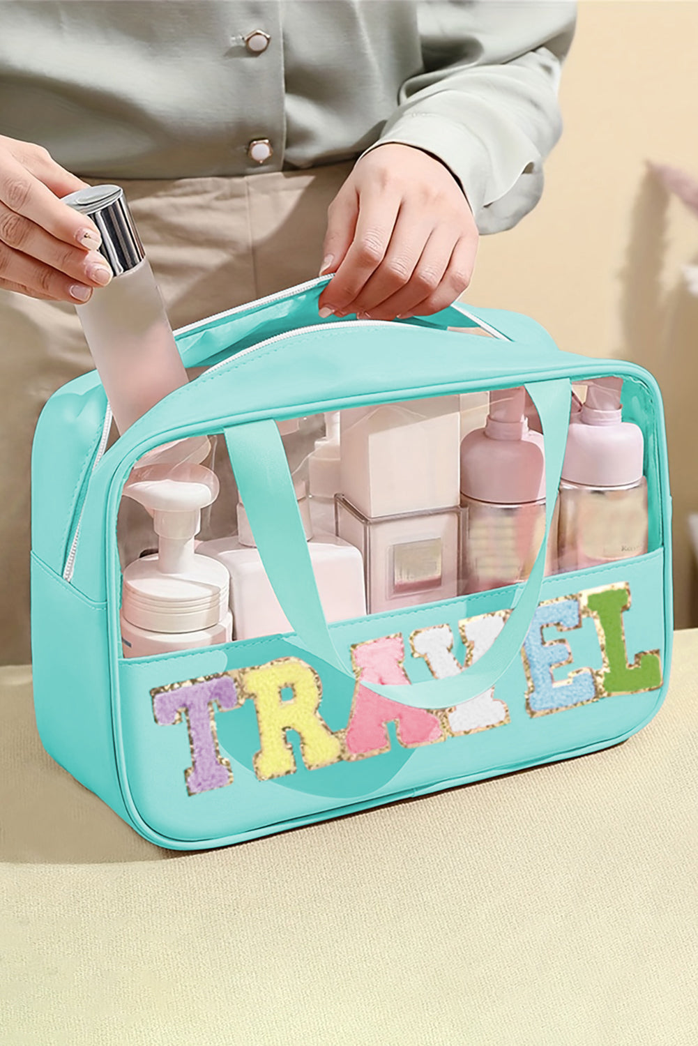 Purple TRAVEL Letter Clear PVC Makeup Bag