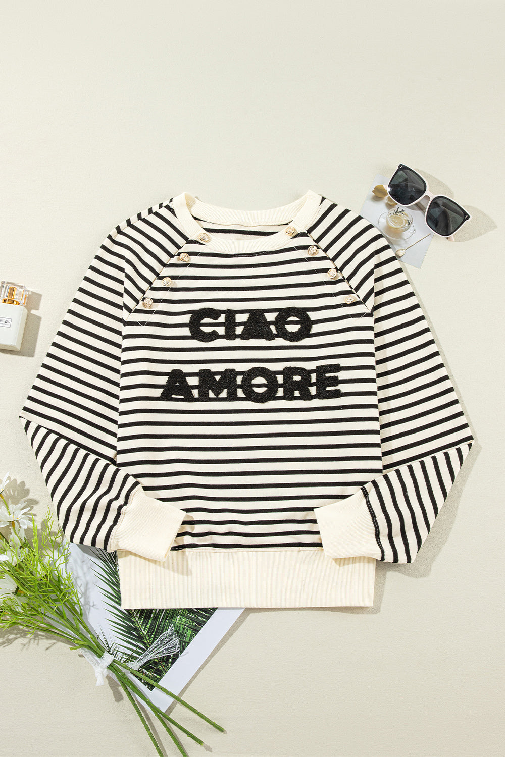 Ciao Amore Button Striped Long Sleeve Sweatshirt