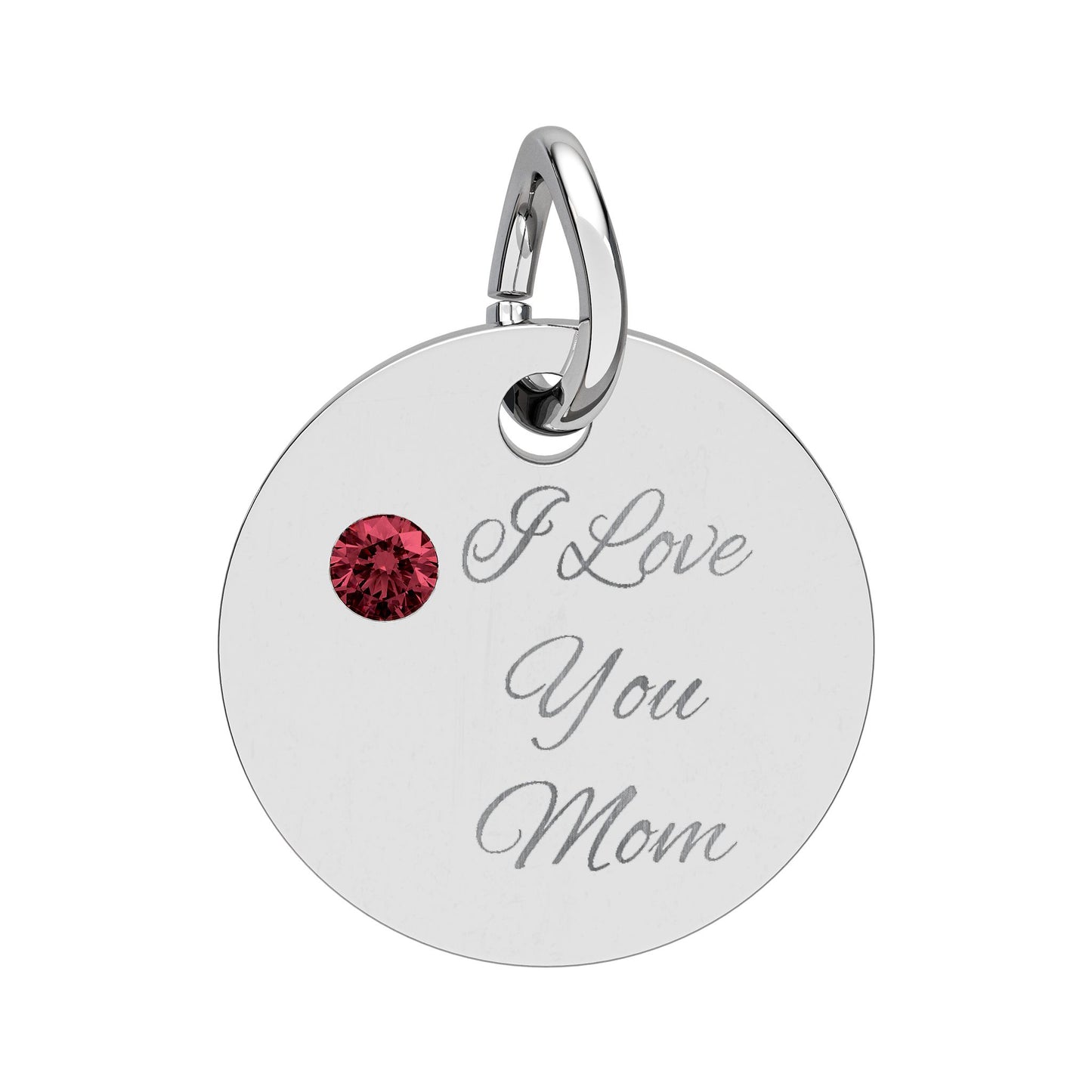 Birthstone Circle Charm Engraved I Love You Mom mothers day Silver Pendant