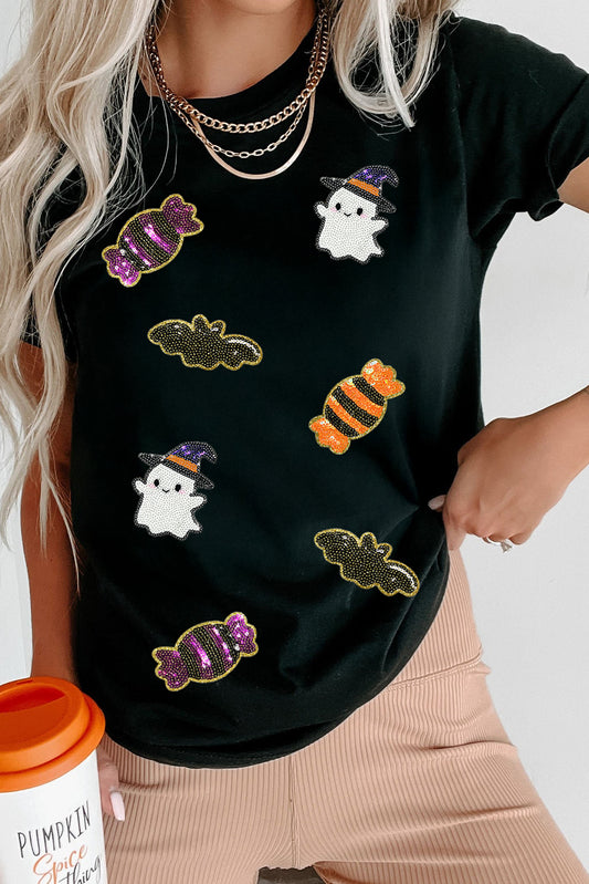 Black Halloween Spirit Pattern Sequins Patch Custom Casual Tee