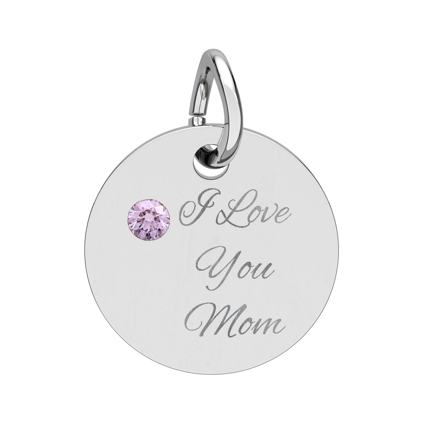 Birthstone Circle Charm Engraved I Love You Mom mothers day Silver Pendant