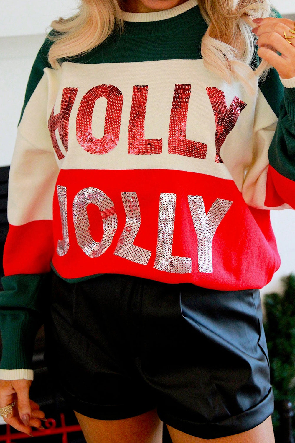 Green HOLLY JOLLY Sequined Colorblock Crew Neck Sweater Christmas