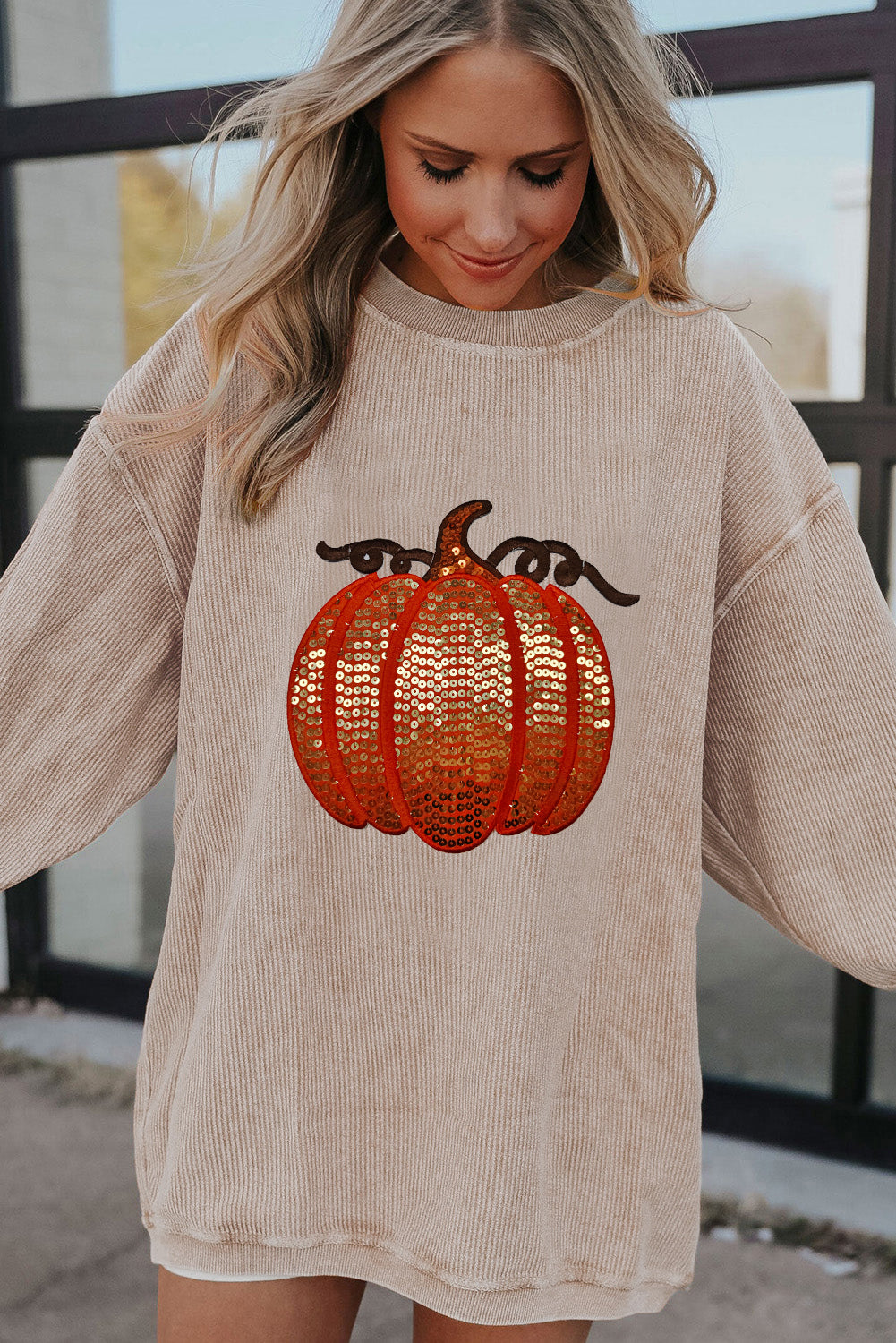 Orange Crinkle Ribbed Thanksgiving Sequin Pumpkin Graphic Sweatshirt