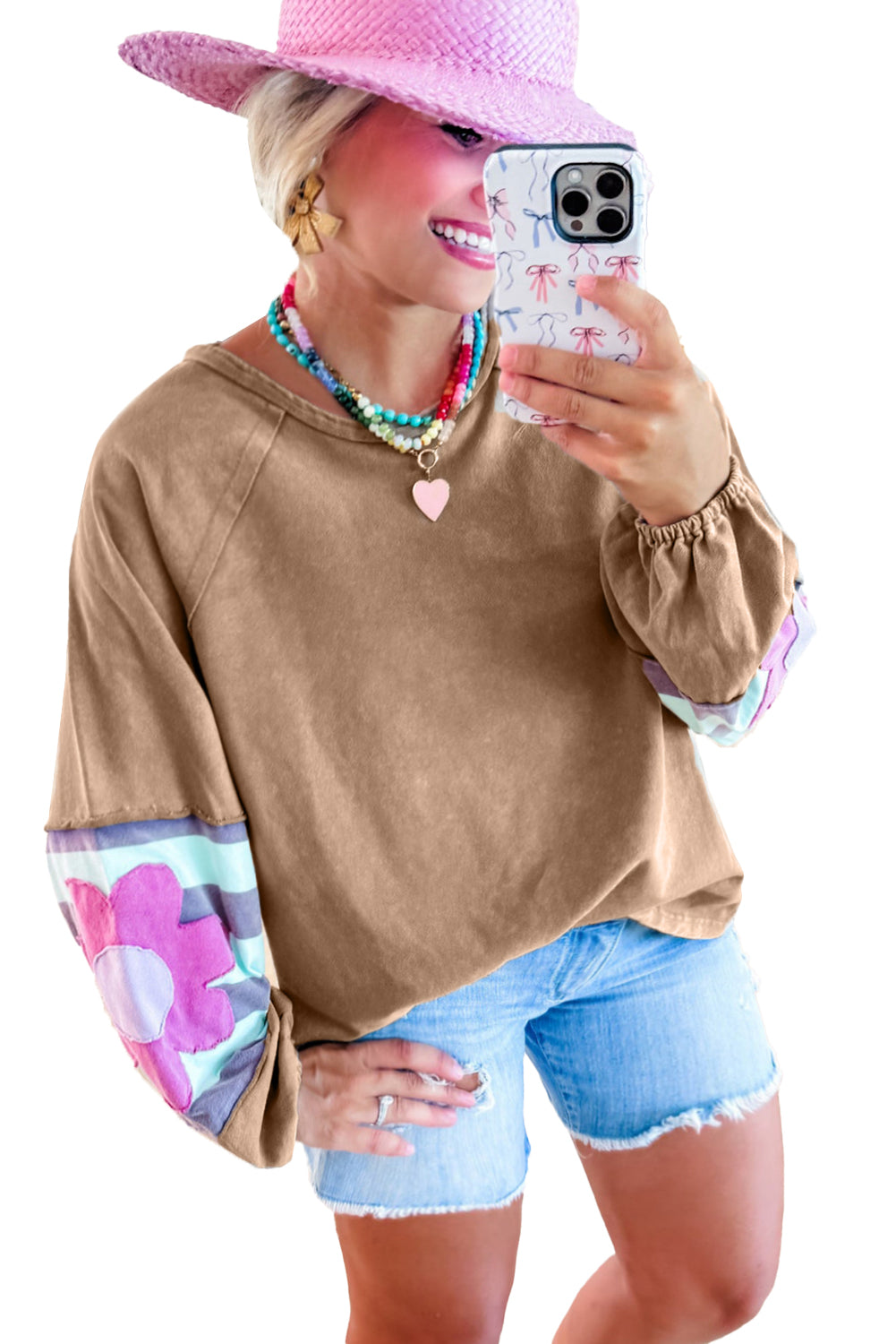 DUNE Flower Patchwork Exposed Seam Raglan Sleeve Top